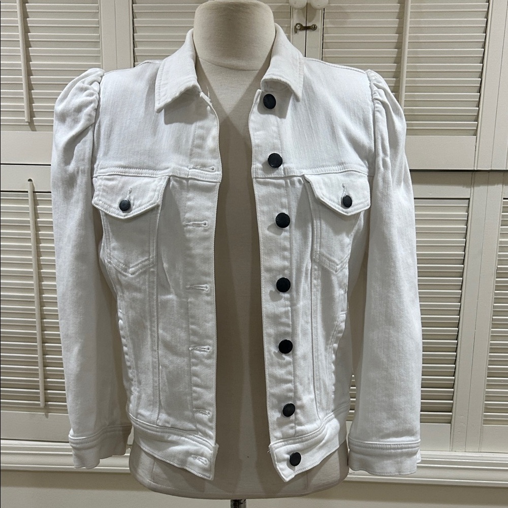 New Retrofete Women's White Denim Jacket with Puff Shoulders - Picture 11 of 11